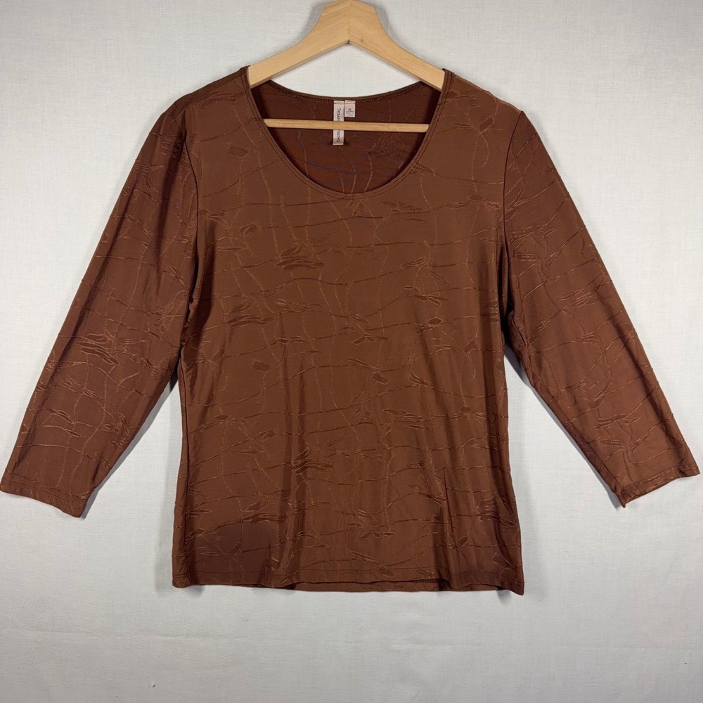 Susan Lawrence Blouse Women XL Brown Short Sleeve Embroidered Abstract USA Made